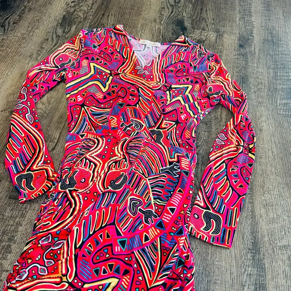 Mara Hoffman Dress All Over Tribal Print Bold Colorful V-Neck Stetchy Small - Picture 4 of 5